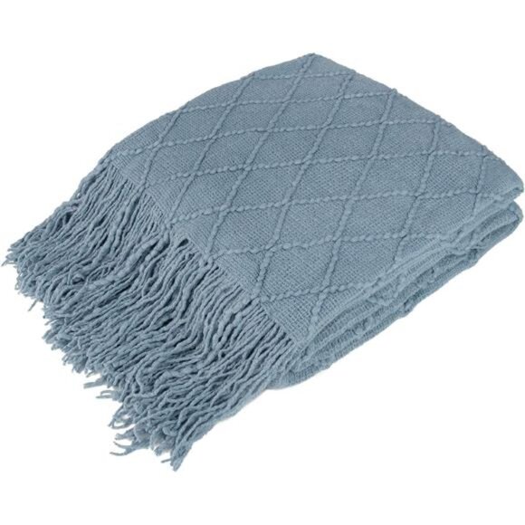 Dusty Blue Knit Throw Blanket for Couch Bed, Soft Knitted Farmhouse